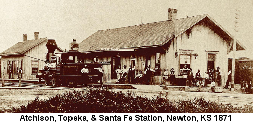 Sepia-tone photograph of the Atchison Topeka & Santa Fe Railroad station in Newton, Kansas in 1871, showing a steam locomotiv and several people lounging around the station exterior